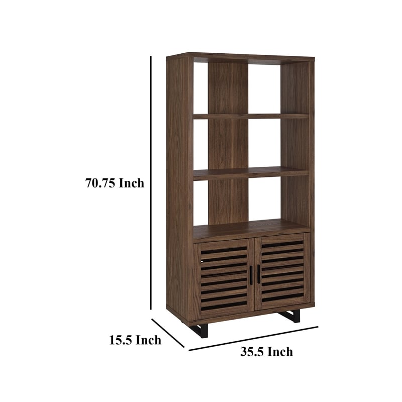 Doxx Bookcase-Slatted Cabinet-Black Open Frame Legs-Walnut Brown
