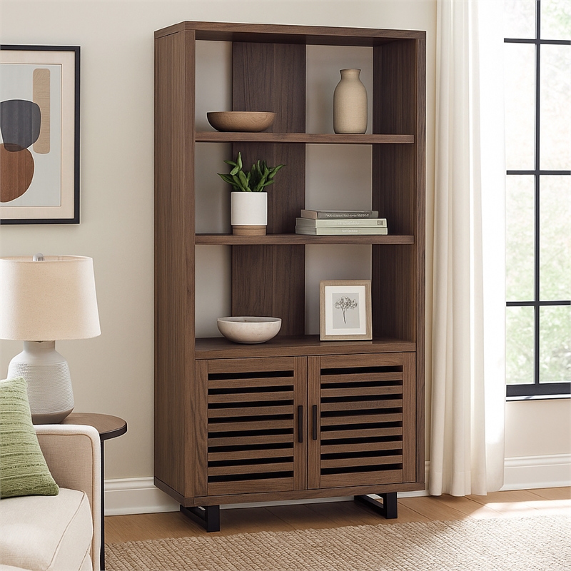 Doxx Bookcase-Slatted Cabinet-Black Open Frame Legs-Walnut Brown