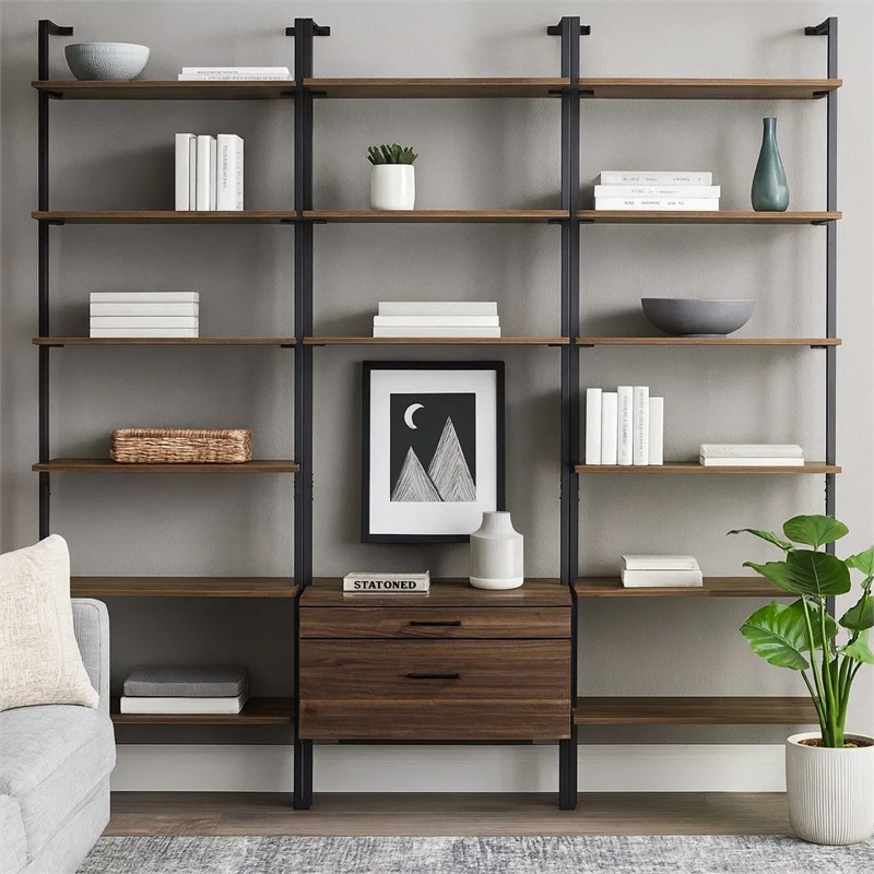 Wens 3pc Wall Mounted Bookcase Set-Shelves-2 Drawers-Walnut Brown