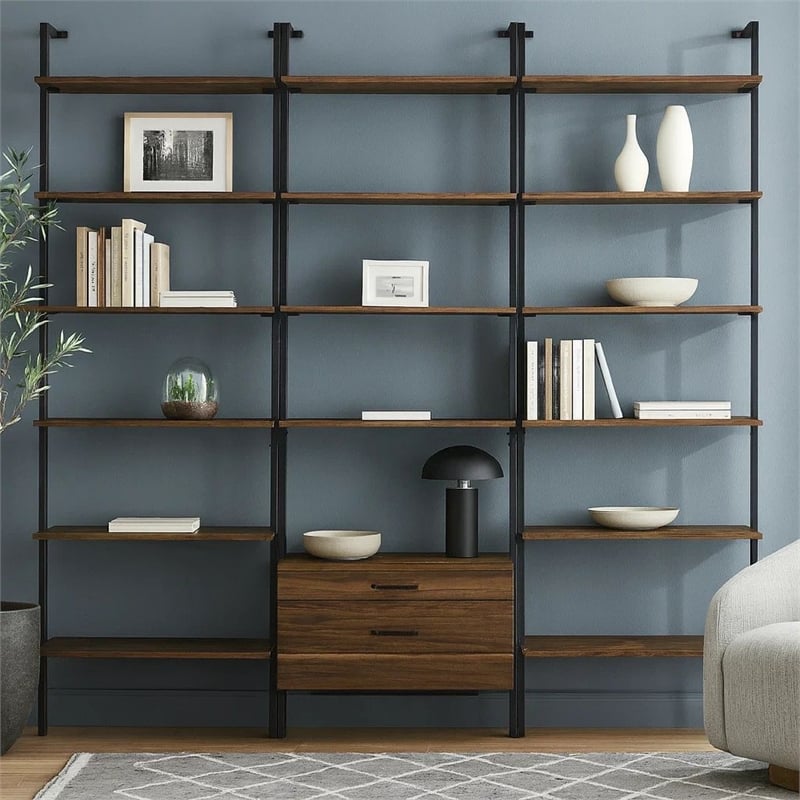 Wens 3pc Wall Mounted Bookcase Set-Shelves-2 Drawers-Walnut Brown