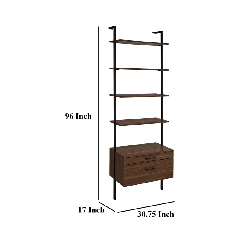 Wens Wall Mounted Bookcase Unit-4 Shelves-2 Drawers-Black Brown