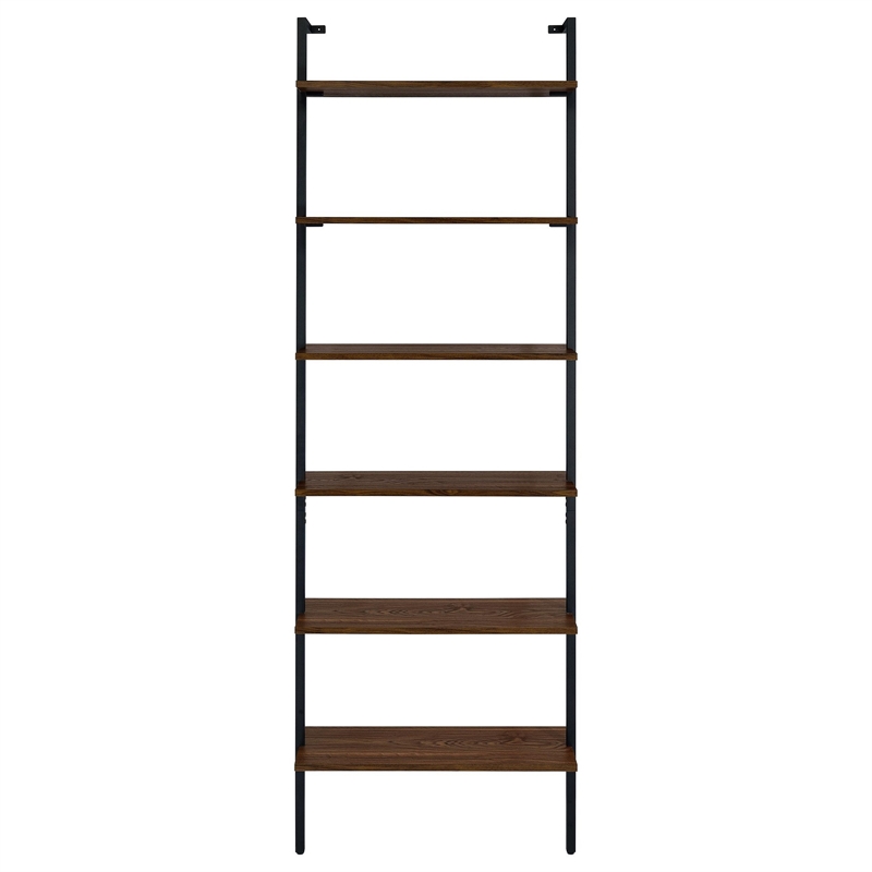 Wens Wall Mounted Bookcase Unit-6 Open Shelves-Black Metal-Brown