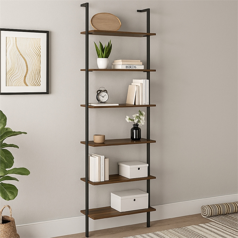 Wens Wall Mounted Bookcase Unit-6 Open Shelves-Black Metal-Brown