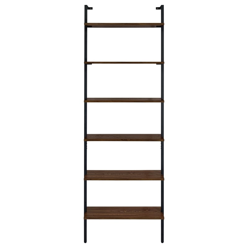 Wens Wall Mounted Bookcase Unit-6 Open Shelves-Black Metal-Brown