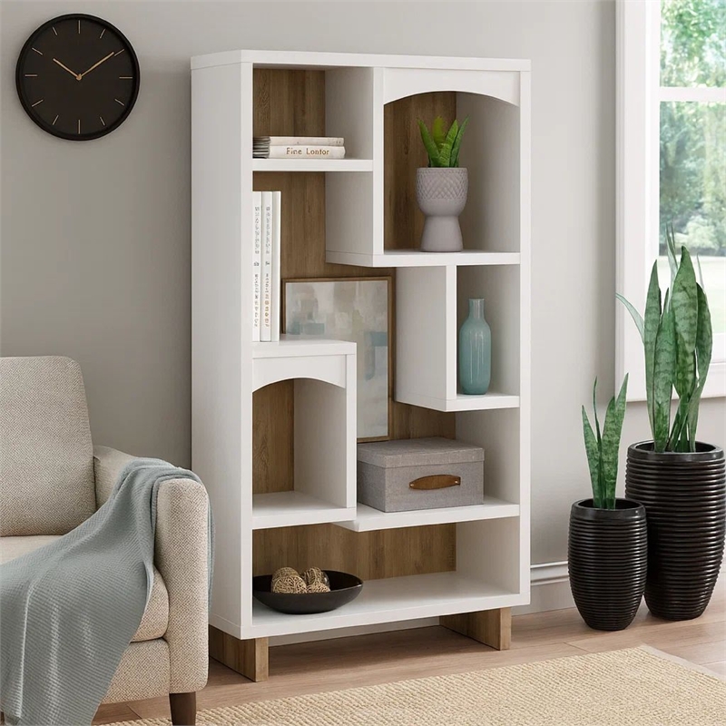 Aton Bookcase-Multiple Shelves and Compartments-Distressed White