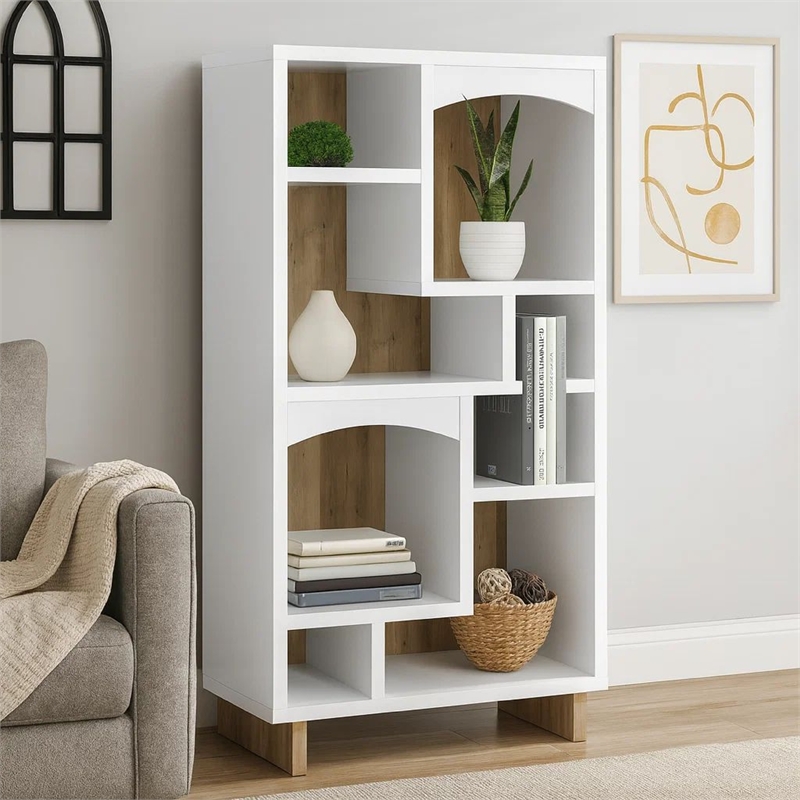 Aton Bookcase-Multiple Shelves and Compartments-Distressed White