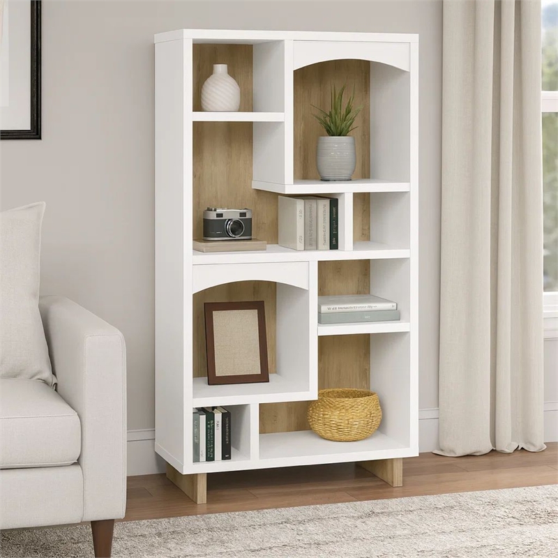 Aton Bookcase-Multiple Shelves and Compartments-Distressed White
