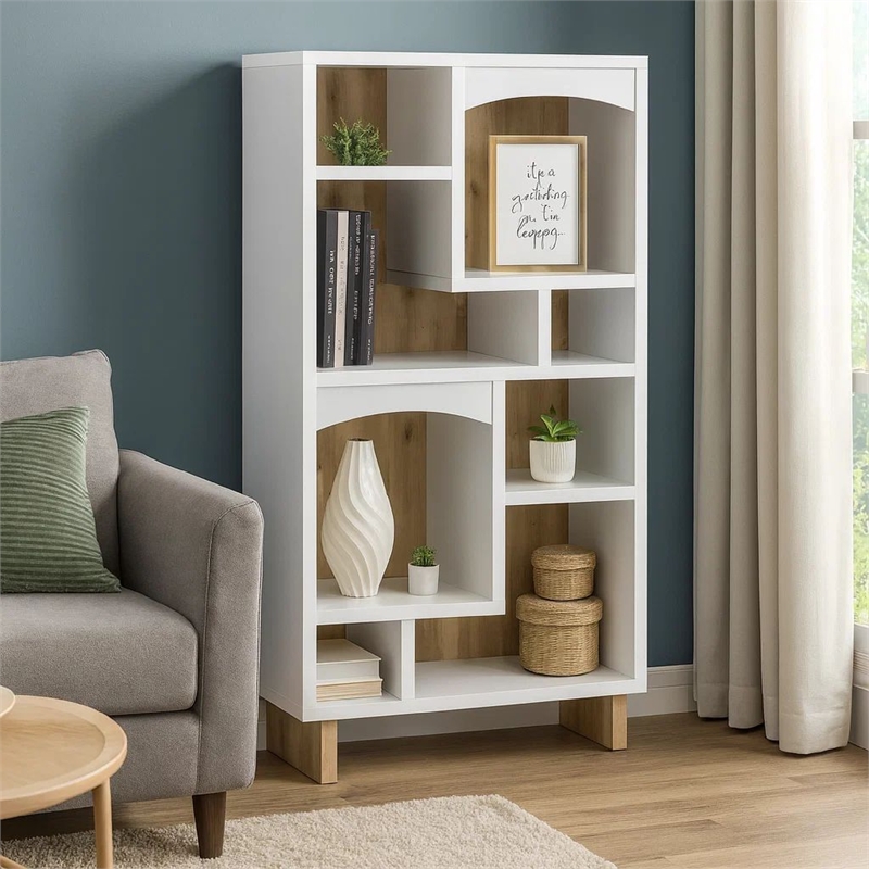 Aton Bookcase-Multiple Shelves and Compartments-Distressed White