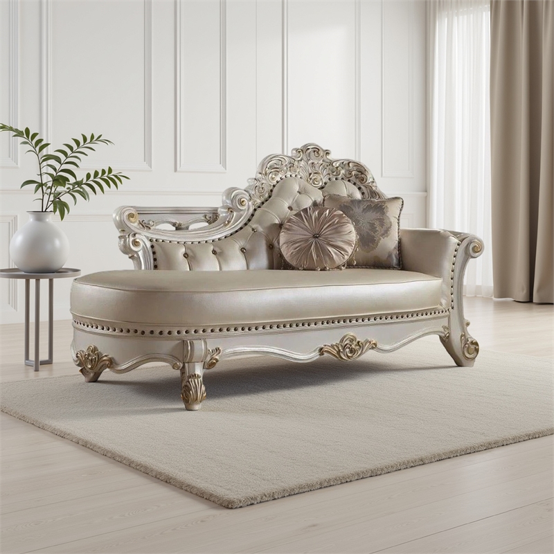Antoine Chaise Lounger- 2 Pillows- Antique Pearl Faux Leather- 81 Inch