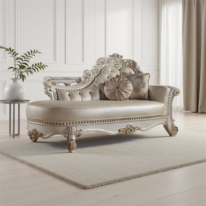 Antoine Chaise Lounger- 2 Pillows- Antique Pearl Faux Leather- 81 Inch