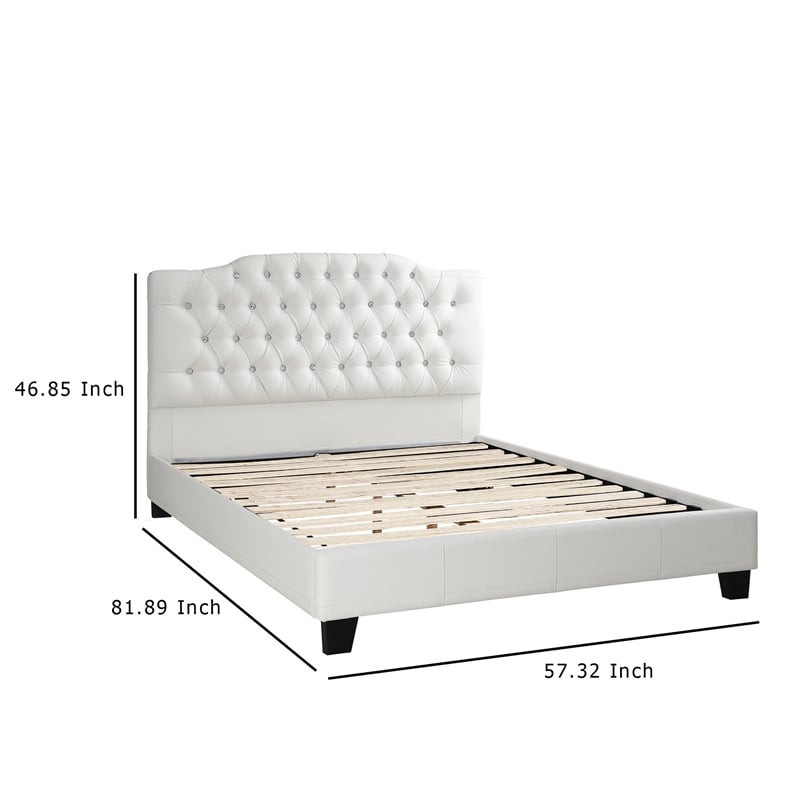 Full Size Bed- Tufted Curved- White Faux Leather Upholstered Pine Wood