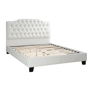 Full Size Bed- Tufted Curved- White Faux Leather Upholstered Pine Wood