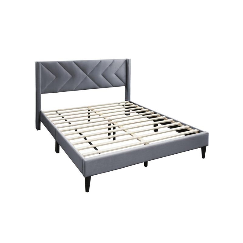 Reno Queen Size Bed- Modern X Channel Tufted Gray Velvet Upholstery