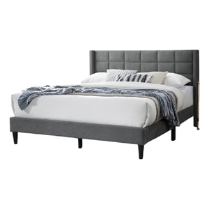 Meno Queen Size Bed- Square Stitched Slate Gray Linen Upholstery