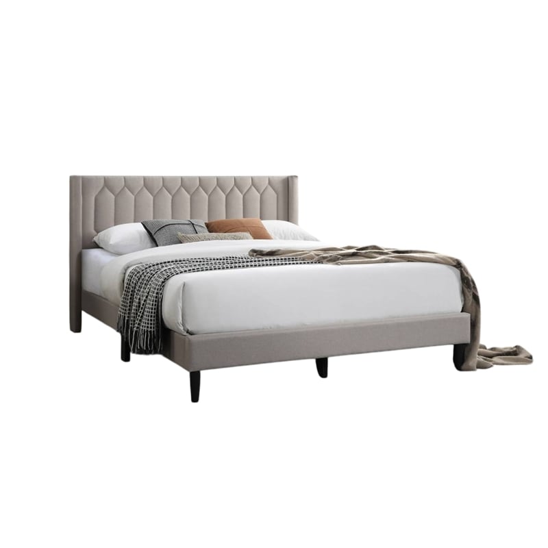 Jeo Queen Size Bed- Geometric Stitched Light Brown Burlap Upholstery