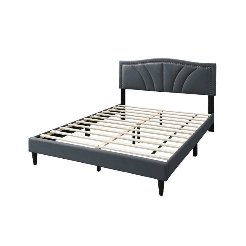 Reo Queen Size Bed- Charcoal Gray Burlap Upholstered Curved Headboard