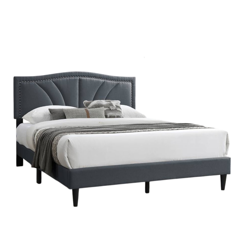Reo Queen Size Bed- Charcoal Gray Burlap Upholstered Curved Headboard