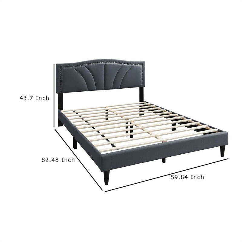 Reo Queen Size Bed- Charcoal Gray Burlap Upholstered Curved Headboard