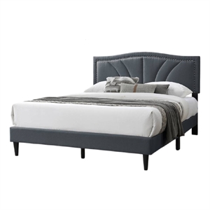 Reo Queen Size Bed- Charcoal Gray Burlap Upholstered Curved Headboard