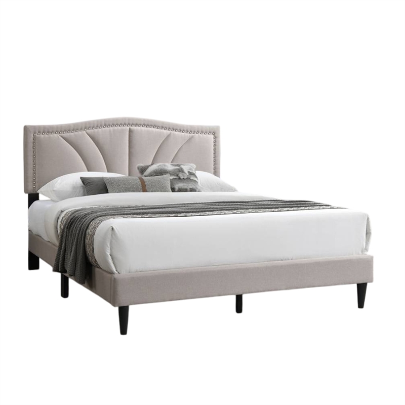 Reo Queen Size Bed- Light Brown Burlap Upholstered Curved Headboard