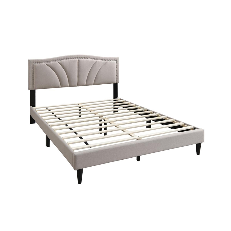 Reo Queen Size Bed- Light Brown Burlap Upholstered Curved Headboard