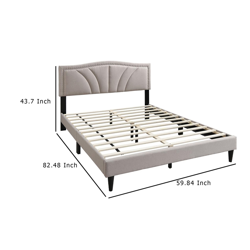 Reo Queen Size Bed- Light Brown Burlap Upholstered Curved Headboard