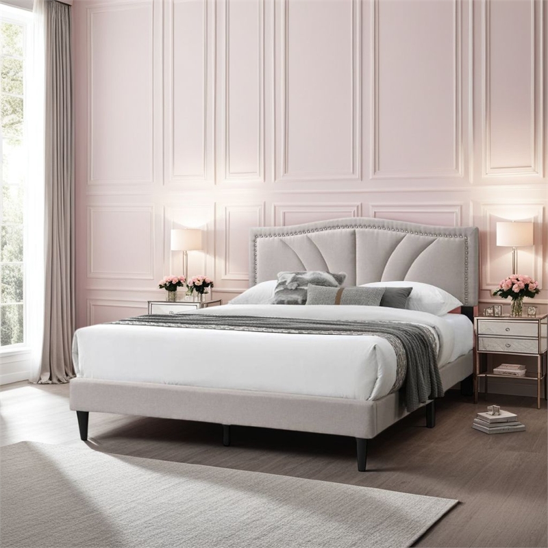 Reo Queen Size Bed- Light Brown Burlap Upholstered Curved Headboard