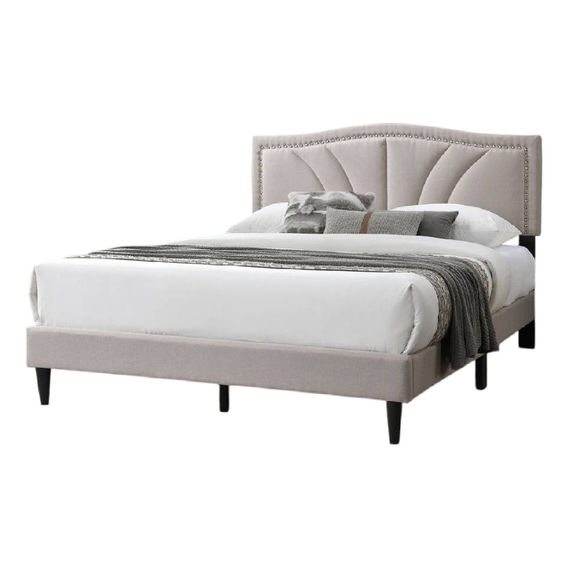 Reo Queen Size Bed- Light Brown Burlap Upholstered Curved Headboard