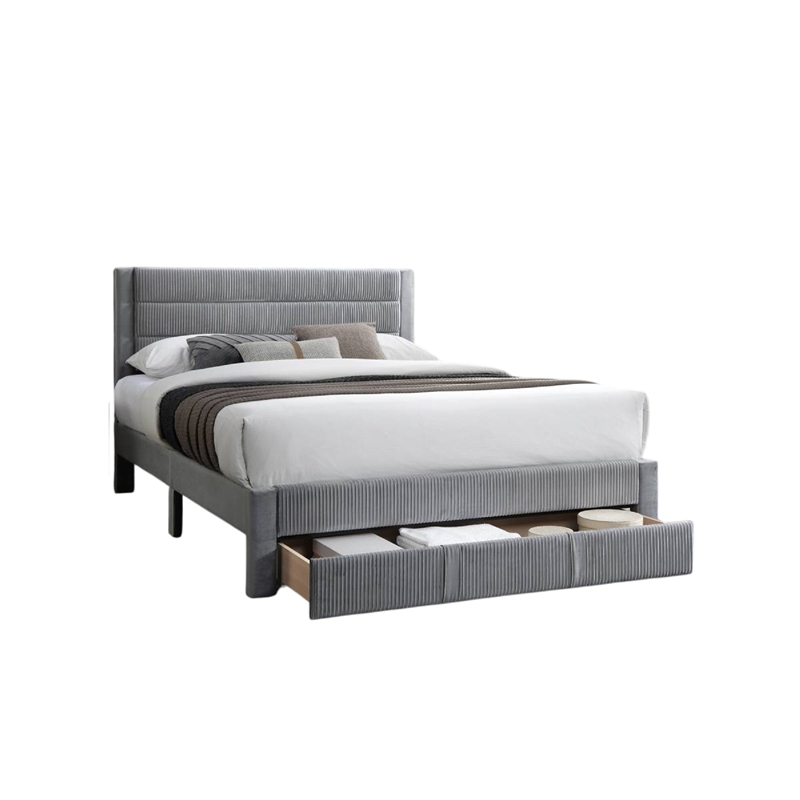 Heo Queen Size Bed w Storage Drawer- Light Gray Corduroy Upholstery