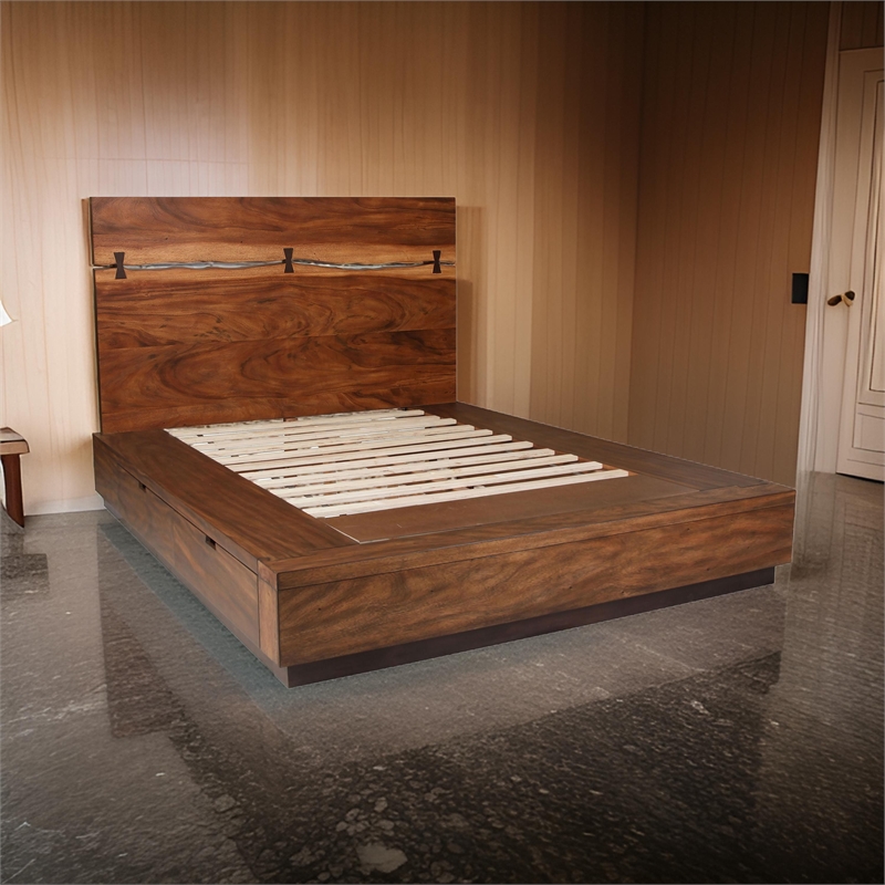 Zeko King Size Storage Bed- Live Edge Panel Headboard- Walnut Brown Wood