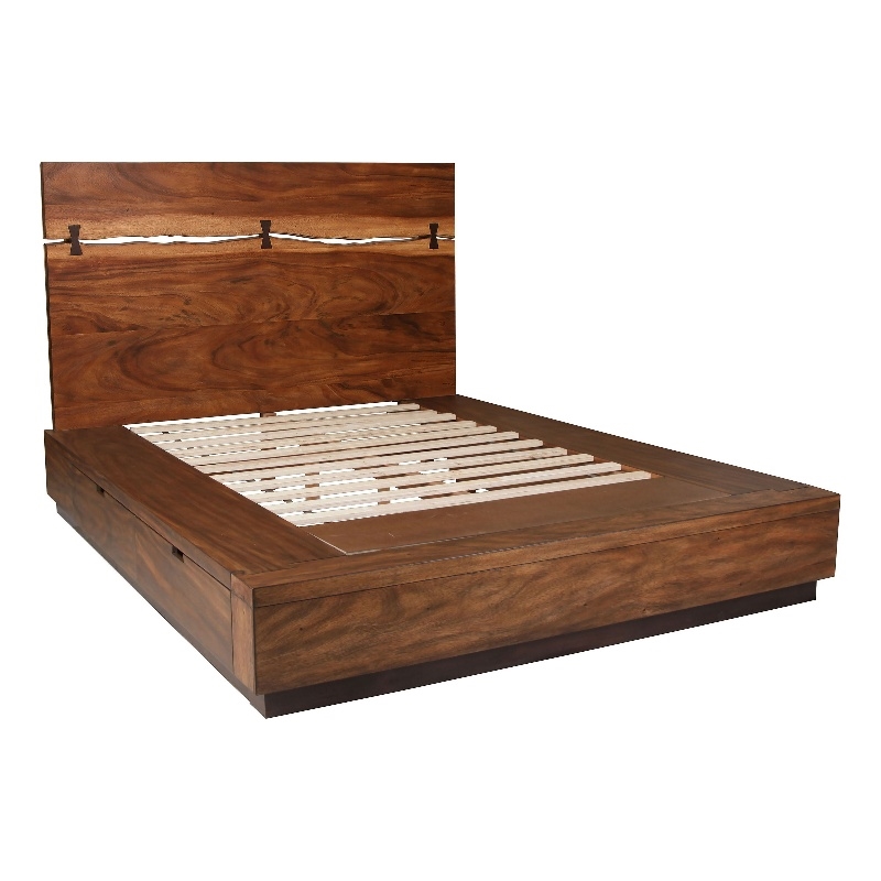 Zeko King Size Storage Bed- Live Edge Panel Headboard- Walnut Brown Wood