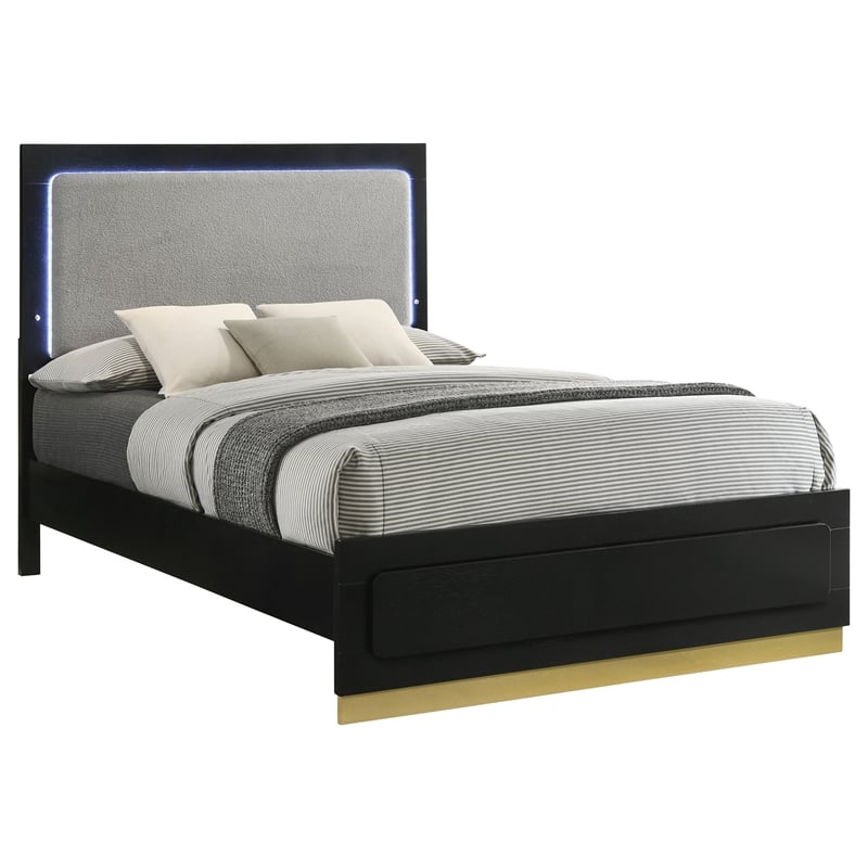 Caer King Size Bed- LED Panel Tall Headboard- Gray Upholstery- Black Okume
