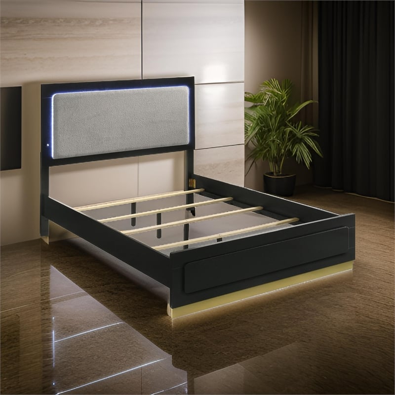 Caer King Size Bed- LED Panel Tall Headboard- Gray Upholstery- Black Okume
