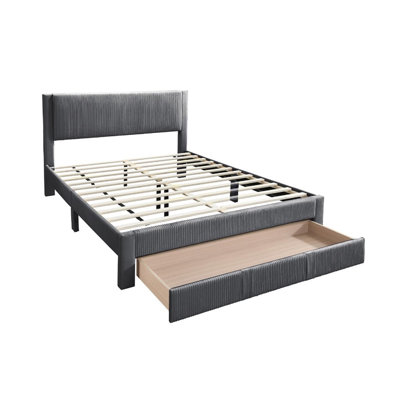 Peo Queen Size Bed w Storage Drawer- Charcoal Gray Corduroy Upholstery