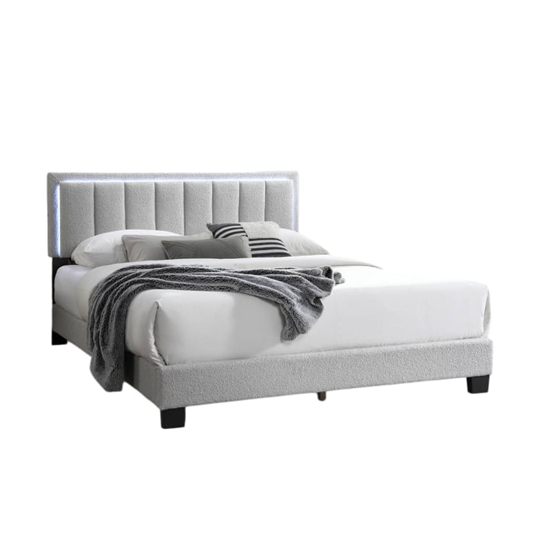Zemo Queen Size Bed- LED Headboard- Tufted Light Gray Wool Upholstery