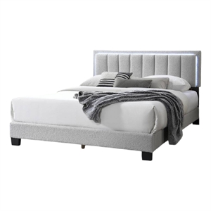 Zemo Queen Size Bed- LED Headboard- Tufted Light Gray Wool Upholstery