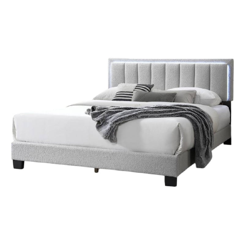 Zemo Queen Size Bed- LED Headboard- Tufted Light Gray Wool Upholstery
