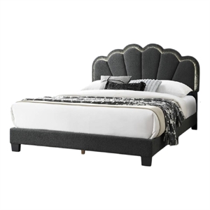 Geny Queen Size Bed- Charcoal Gray Wool Upholstery and LED- Glam Arch