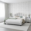 Geny Queen Size Bed- Classic White Wool Upholstery and LED- Glam Arch