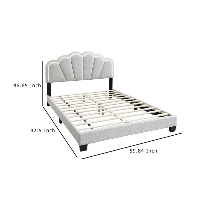 Geny Queen Size Bed- Classic White Wool Upholstery and LED- Glam Arch