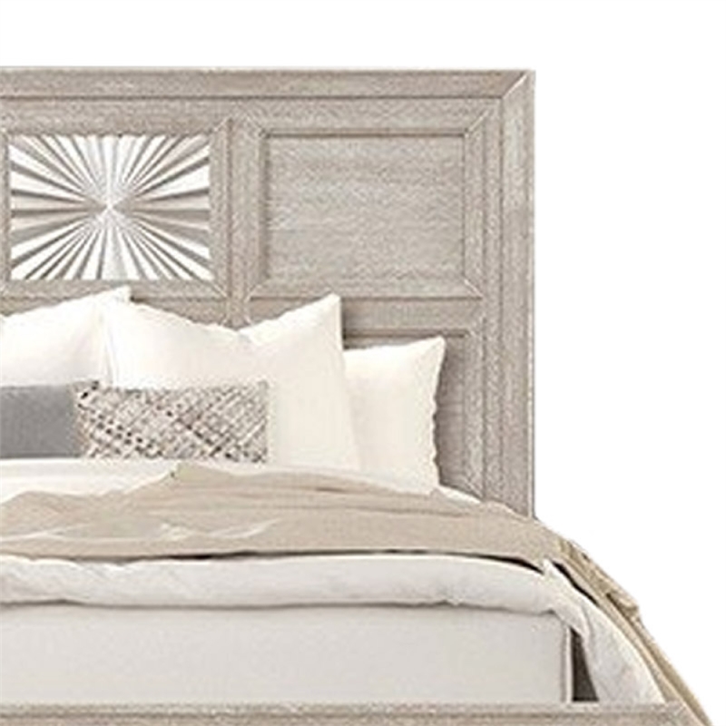 Diaz Queen Bed- Sunburst Pattern- Recessed Panel- Light Gray Wood