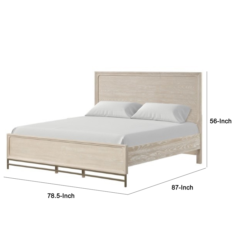 Rozie King Bed with Panel Style Headboard- Metal Legs- Light Oak Wood