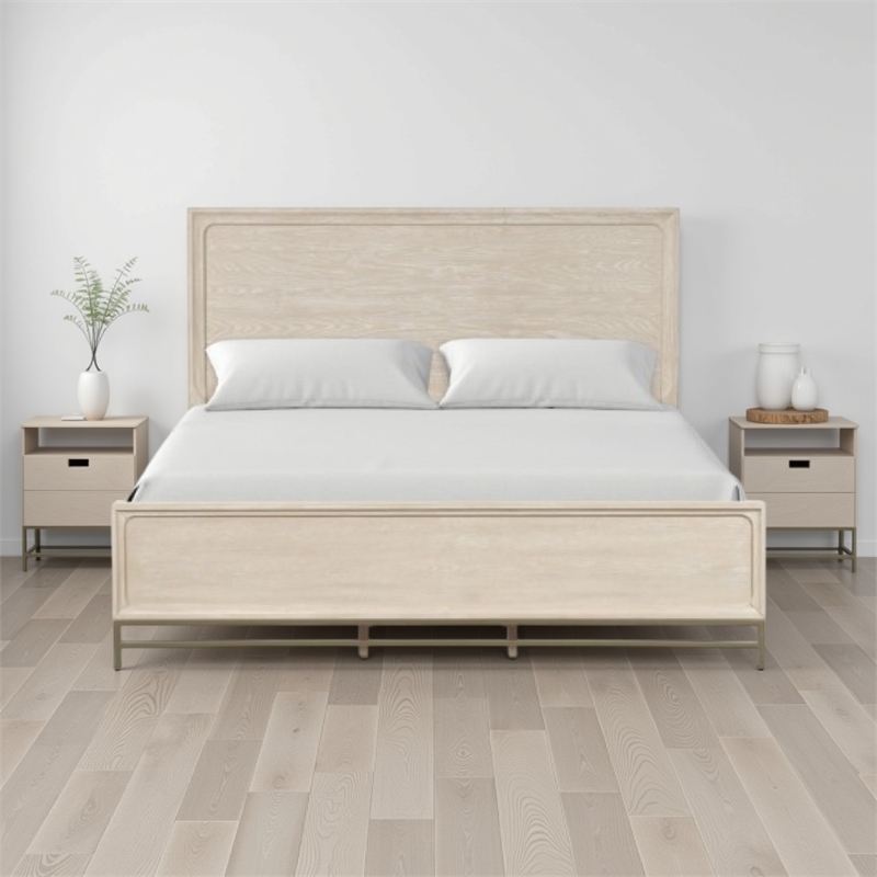 Rozie King Bed with Panel Style Headboard- Metal Legs- Light Oak Wood