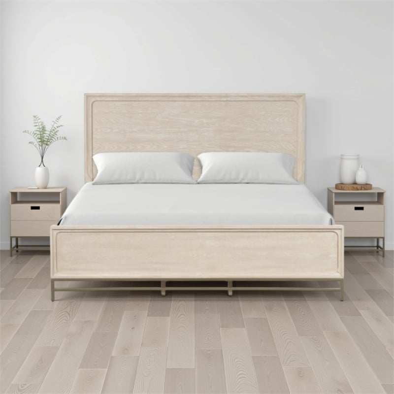 Rozie King Bed with Panel Style Headboard- Metal Legs- Light Oak Wood