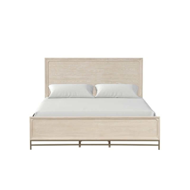 Rozie King Bed with Panel Style Headboard- Metal Legs- Light Oak Wood
