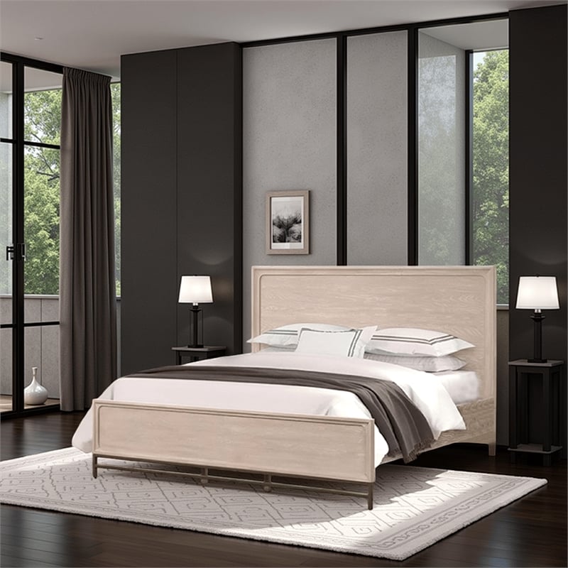 Rozie Queen Bed with Panel Style Headboard- Light Oak Brown Solid Wood