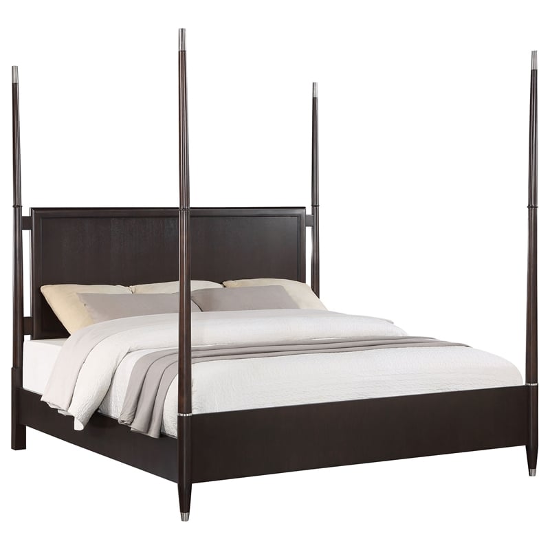 Amber Queen Size Poster Bed- Floating Headboard with Low Footboard- Brown