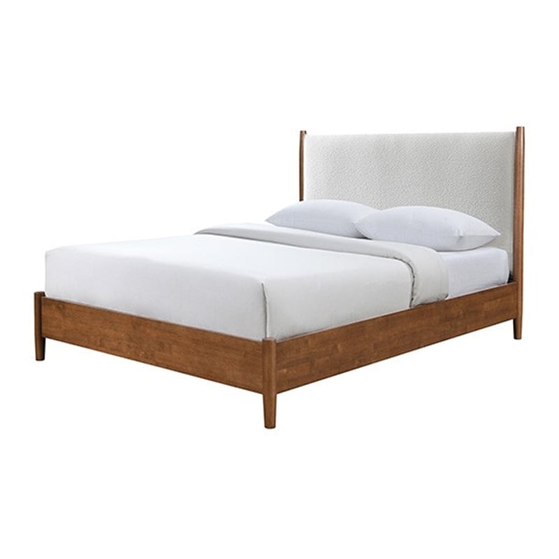Carry Queen Bed- Beige Boucle Upholstered Headboard Walnut Brown Solid Wood