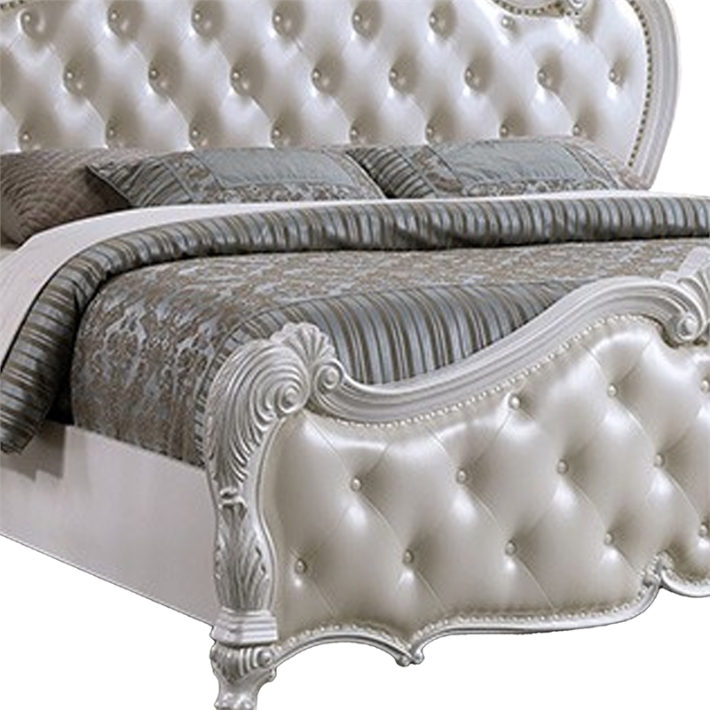 Venta Queen Size Bed- Pearl White Button Tufted Faux Leather Upholstery