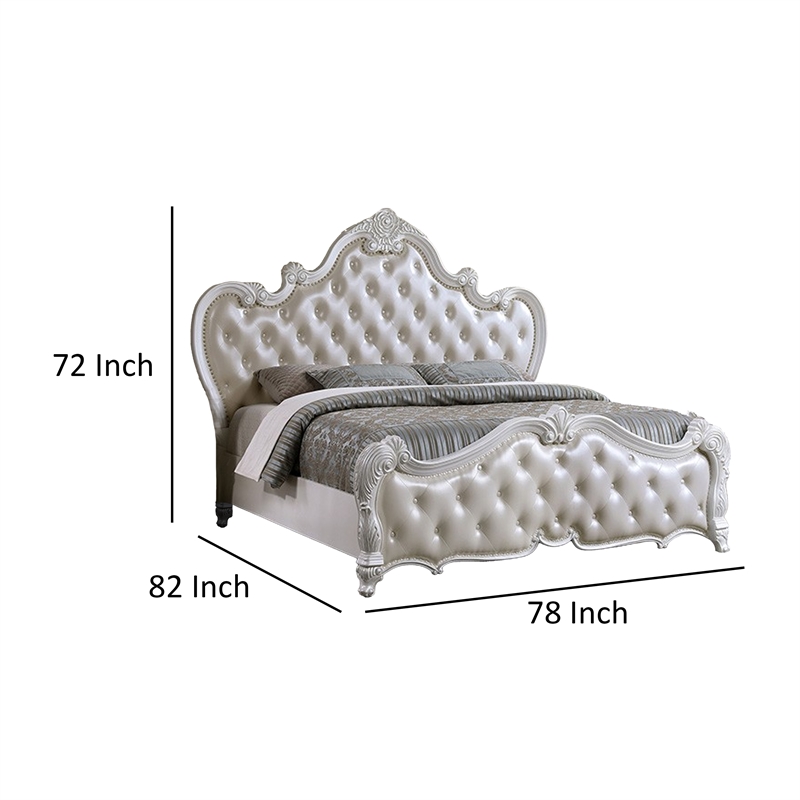 Venta Queen Size Bed- Pearl White Button Tufted Faux Leather Upholstery